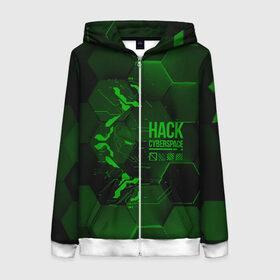 Женская толстовка 3D на молнии с принтом Hack Cyberspace в Екатеринбурге, 100% полиэстер | длина до линии бедра, манжеты и пояс оформлены мягкой тканевой резинкой, двухслойный капюшон со шнурком для регулировки, спереди молния, по бокам два кармана | cyberpunk | hack | hack cyberspace | hacker | абстракция | взлом | микросхема | минимализм | программер | программист | сеть | хакер