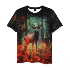 Мужская футболка 3D с принтом Олень в горящем лесу Сибири в Екатеринбурге, 100% полиэфир | прямой крой, круглый вырез горловины, длина до линии бедер | животные | лес | огонь | олень | пламы | пожар | сибирь