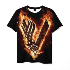 Мужская футболка 3D с принтом Vikings в Екатеринбурге, 100% полиэфир | прямой крой, круглый вырез горловины, длина до линии бедер | ragnar | viking | vikings | викинг | викинги | меч | огонь | рагнар | скандинавы