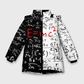 Зимняя куртка для девочек 3D с принтом E=mc2 в Екатеринбурге, ткань верха — 100% полиэстер; подклад — 100% полиэстер, утеплитель — 100% полиэстер. | длина ниже бедра, удлиненная спинка, воротник стойка и отстегивающийся капюшон. Есть боковые карманы с листочкой на кнопках, утяжки по низу изделия и внутренний карман на молнии. 

Предусмотрены светоотражающий принт на спинке, радужный светоотражающий элемент на пуллере молнии и на резинке для утяжки. | emc 2 | emc2 | знаменитые формулы | физика | формулы | эйнштейн