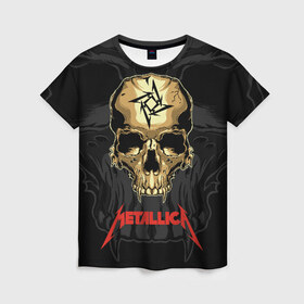 Женская футболка 3D с принтом Metallica в Екатеринбурге, 100% полиэфир ( синтетическое хлопкоподобное полотно) | прямой крой, круглый вырез горловины, длина до линии бедер | american | james hetfield | kirk hammett | l | metal band | metallic | metallica | music | robot | rock | scales | sitting | skeleton | skull | throne | американская | джеймс хетфилд | кирк хэмметт | ларс ульрих | логотип | метал группа | металл