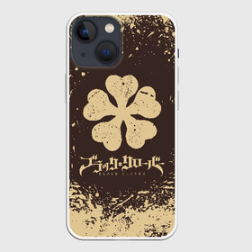 Чехол для iPhone 13 mini с принтом Бежевый логотип Черного Клевера на коричневом в Екатеринбурге,  |  | asta | black bull | black clover | bull | clover | аста | бык | клевер | чёрный бык | чёрный клевер