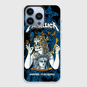 Чехол для iPhone 13 Pro с принтом Metallica в Екатеринбурге,  |  | Тематика изображения на принте: american | bone | butterflies | death | fly | girl | head | james hetfield | kirk hammett | metal band | metallica | music | plate | rock | skull | statue of liberty | американская | бабочки | голова | девушка | держит | кость | кушает | летают | металлик