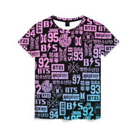 Женская футболка 3D с принтом BTS LOGOBOMBING в Екатеринбурге, 100% полиэфир ( синтетическое хлопкоподобное полотно) | прямой крой, круглый вырез горловины, длина до линии бедер | bangtan boys | bt21 | bts | бтс