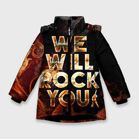 Зимняя куртка для девочек 3D с принтом We Will Rock You в Екатеринбурге, ткань верха — 100% полиэстер; подклад — 100% полиэстер, утеплитель — 100% полиэстер. | длина ниже бедра, удлиненная спинка, воротник стойка и отстегивающийся капюшон. Есть боковые карманы с листочкой на кнопках, утяжки по низу изделия и внутренний карман на молнии. 

Предусмотрены светоотражающий принт на спинке, радужный светоотражающий элемент на пуллере молнии и на резинке для утяжки. | bohemian | brian | freddie | john | mercury | must go on | queen | rhapsody | roger | taylor | the miracle | the show | богемская | рапсодия | роджер тейлор | фредди меркьюри