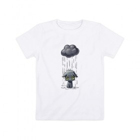 Детская футболка хлопок с принтом Грустный Котик в Екатеринбурге, 100% хлопок | круглый вырез горловины, полуприлегающий силуэт, длина до линии бедер | Тематика изображения на принте: грустный котик | дождь | котик | облако