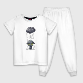 Детская пижама хлопок с принтом Грустный Котик в Екатеринбурге, 100% хлопок |  брюки и футболка прямого кроя, без карманов, на брюках мягкая резинка на поясе и по низу штанин
 | Тематика изображения на принте: грустный котик | дождь | котик | облако