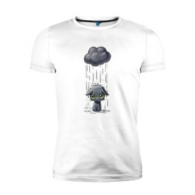 Мужская футболка премиум с принтом Грустный Котик в Екатеринбурге, 92% хлопок, 8% лайкра | приталенный силуэт, круглый вырез ворота, длина до линии бедра, короткий рукав | Тематика изображения на принте: грустный котик | дождь | котик | облако