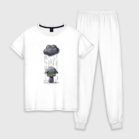 Женская пижама хлопок с принтом Грустный Котик в Екатеринбурге, 100% хлопок | брюки и футболка прямого кроя, без карманов, на брюках мягкая резинка на поясе и по низу штанин | грустный котик | дождь | котик | облако