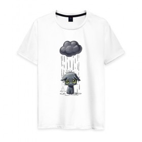 Мужская футболка хлопок с принтом Грустный Котик в Екатеринбурге, 100% хлопок | прямой крой, круглый вырез горловины, длина до линии бедер, слегка спущенное плечо. | Тематика изображения на принте: грустный котик | дождь | котик | облако