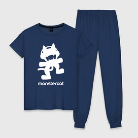 Женская пижама хлопок с принтом MONSTERCAT в Екатеринбурге, 100% хлопок | брюки и футболка прямого кроя, без карманов, на брюках мягкая резинка на поясе и по низу штанин | cat | monster | monster cat | monstercat | кот | монстеркет