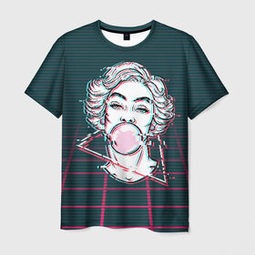 Мужская футболка 3D с принтом blowing bubble gum glitch в Екатеринбурге, 100% полиэфир | прямой крой, круглый вырез горловины, длина до линии бедер | blowing | bubble gum | абстракция | глитч | девушка | жвачка | линии | мода | психоделика | пузырь