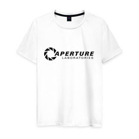 Мужская футболка хлопок с принтом Aperture laboratorie (+ спина) в Екатеринбурге, 100% хлопок | прямой крой, круглый вырез горловины, длина до линии бедер, слегка спущенное плечо. | aperture | chell | half life | головоломка | испытуемый | портал | телепорт | челл
