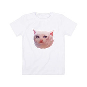 Детская футболка хлопок с принтом Плачущий кот в Екатеринбурге, 100% хлопок | круглый вырез горловины, полуприлегающий силуэт, длина до линии бедер | cat | crying | meme | кот | мем | плачущий