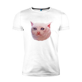 Мужская футболка премиум с принтом Плачущий кот в Екатеринбурге, 92% хлопок, 8% лайкра | приталенный силуэт, круглый вырез ворота, длина до линии бедра, короткий рукав | cat | crying | meme | кот | мем | плачущий