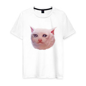 Мужская футболка хлопок с принтом Плачущий кот в Екатеринбурге, 100% хлопок | прямой крой, круглый вырез горловины, длина до линии бедер, слегка спущенное плечо. | cat | crying | meme | кот | мем | плачущий