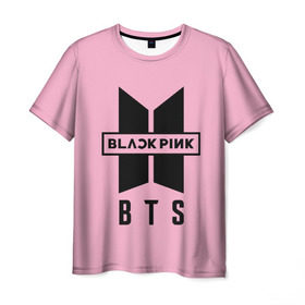 Мужская футболка 3D с принтом BTS and BLACKPINK в Екатеринбурге, 100% полиэфир | прямой крой, круглый вырез горловины, длина до линии бедер | bangtan boys | black | blackpink | bt21 | bts | k pop | pink | rose | блек пинк | блекпинк | блэк пинк | блэкпинк | бтс