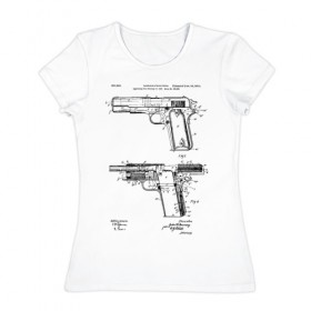 Женская футболка хлопок с принтом Пистолет в Екатеринбурге, 100% хлопок | прямой крой, круглый вырез горловины, длина до линии бедер, слегка спущенное плечо | patent | армия | идея | история | оружие | патент | пистолет | разработка | чертеж | чертежи