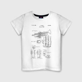 Детская футболка хлопок с принтом Musical instrument в Екатеринбурге, 100% хлопок | круглый вырез горловины, полуприлегающий силуэт, длина до линии бедер | patent | звук | идея | история | музыка | патент | разработка | труба | трубач | чертеж | чертежи