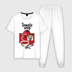 Мужская пижама хлопок с принтом Томатный суп в Екатеринбурге, 100% хлопок | брюки и футболка прямого кроя, без карманов, на брюках мягкая резинка на поясе и по низу штанин
 | flat | food | poster | retro | soup | spoon | steam | tomato | еда | ложка | пар | плакат | помидор | ретро | суп | тарелка