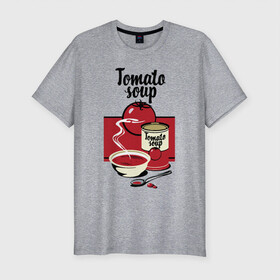 Мужская футболка хлопок Slim с принтом Томатный суп в Екатеринбурге, 92% хлопок, 8% лайкра | приталенный силуэт, круглый вырез ворота, длина до линии бедра, короткий рукав | Тематика изображения на принте: flat | food | poster | retro | soup | spoon | steam | tomato | еда | ложка | пар | плакат | помидор | ретро | суп | тарелка