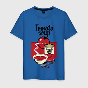 Мужская футболка хлопок с принтом Томатный суп в Екатеринбурге, 100% хлопок | прямой крой, круглый вырез горловины, длина до линии бедер, слегка спущенное плечо. | flat | food | poster | retro | soup | spoon | steam | tomato | еда | ложка | пар | плакат | помидор | ретро | суп | тарелка