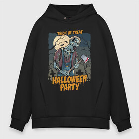 Мужское худи Oversize хлопок с принтом Halloween party в Екатеринбурге, френч-терри — 70% хлопок, 30% полиэстер. Мягкий теплый начес внутри —100% хлопок | боковые карманы, эластичные манжеты и нижняя кромка, капюшон на магнитной кнопке | Тематика изображения на принте: axe | bat | blood | cross | halloween | horror | jaw | moon | night | party | skeleton | tomb | tree | view | zombie | вечеринка | гробница | дерево | крест | кровь | летучая мышь | луна | ночь | скелет | топор | хэллоуин