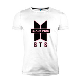 Мужская футболка премиум с принтом BTS and BLACKPINK в Екатеринбурге, 92% хлопок, 8% лайкра | приталенный силуэт, круглый вырез ворота, длина до линии бедра, короткий рукав | bangtan boys | black | blackpink | bt21 | bts | k pop | pink | rose | блек пинк | блекпинк | блэк пинк | блэкпинк | бтс
