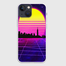 Чехол для iPhone 13 mini с принтом ГОРОД В НЕОНЕ в Екатеринбурге,  |  | bright | colorful | cool | disco | music | music lover | retro | speaker | tape recorder | technique | vintage | винтаж | динамик | диско | магнитофон | меломан | музыка | неон | разноцветный | ретро | техника