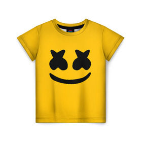 Детская футболка 3D с принтом MARSHMELLO HAPPIER в Екатеринбурге, 100% гипоаллергенный полиэфир | прямой крой, круглый вырез горловины, длина до линии бедер, чуть спущенное плечо, ткань немного тянется | Тематика изображения на принте: america | dj | marshmello | usa | америка | маршмелло