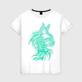 Женская футболка хлопок с принтом Maine Coon в Екатеринбурге, 100% хлопок | прямой крой, круглый вырез горловины, длина до линии бедер, слегка спущенное плечо | cat | chips | cyber cat | cyber light | cyber punk | maine coon | maine coon cat | neon | neon light | xacker cat