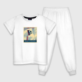 Детская пижама хлопок с принтом #MELLOGANG в Екатеринбурге, 100% хлопок |  брюки и футболка прямого кроя, без карманов, на брюках мягкая резинка на поясе и по низу штанин
 | Тематика изображения на принте: dj. маршмеллоу | marshmello | диджей | музыкант
