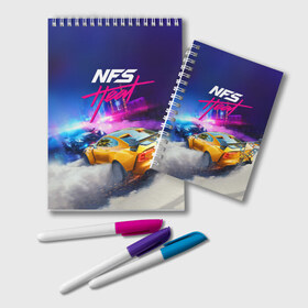 Блокнот с принтом NEED FOR SPEED - HEAT (2019) в Екатеринбурге, 100% бумага | 48 листов, плотность листов — 60 г/м2, плотность картонной обложки — 250 г/м2. Листы скреплены удобной пружинной спиралью. Цвет линий — светло-серый
 | Тематика изображения на принте: 2019 | auto | for | game | games | heat | logo | need | neon | nfs | racing | speed | symbol | tuning | авто | гонки | жажда | жара | игра | игры | лого | логотип | неон | нфс | символ | скорости | тепло | тюнинг | хеат | хит | хот