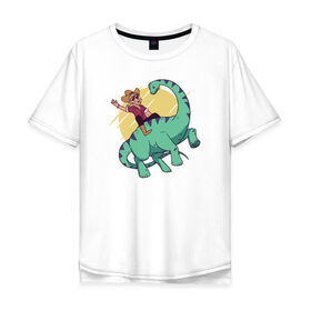 Мужская футболка хлопок Oversize с принтом Ковбой на Динозавре в Екатеринбурге, 100% хлопок | свободный крой, круглый ворот, “спинка” длиннее передней части | Тематика изображения на принте: dinosaur | дино | динозавр | ковбой
