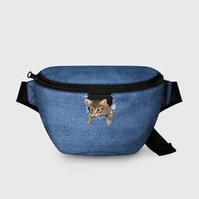 Поясная сумка 3D с принтом Котёнок в рюкзаке в Екатеринбурге, 100% полиэстер | плотная ткань, ремень с регулируемой длиной, внутри несколько карманов для мелочей, основное отделение и карман с обратной стороны сумки застегиваются на молнию | cat | jeans | kitten | джинса | джинсовка | дыра | дырка | кот | котёнок | кошка