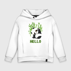 Детское худи Oversize хлопок с принтом Panda Hello в Екатеринбурге, френч-терри — 70% хлопок, 30% полиэстер. Мягкий теплый начес внутри —100% хлопок | боковые карманы, эластичные манжеты и нижняя кромка, капюшон на магнитной кнопке | Тематика изображения на принте: panda hello | животные | панда | панды | привет