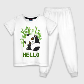 Детская пижама хлопок с принтом Panda Hello в Екатеринбурге, 100% хлопок |  брюки и футболка прямого кроя, без карманов, на брюках мягкая резинка на поясе и по низу штанин
 | Тематика изображения на принте: panda hello | животные | панда | панды | привет