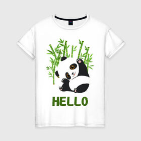 Женская футболка хлопок с принтом Panda Hello в Екатеринбурге, 100% хлопок | прямой крой, круглый вырез горловины, длина до линии бедер, слегка спущенное плечо | panda hello | животные | панда | панды | привет