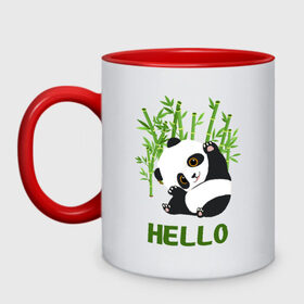 Кружка двухцветная с принтом Panda Hello в Екатеринбурге, керамика | объем — 330 мл, диаметр — 80 мм. Цветная ручка и кайма сверху, в некоторых цветах — вся внутренняя часть | panda hello | животные | панда | панды | привет