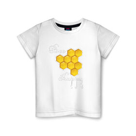 Детская футболка хлопок с принтом Bee happy! в Екатеринбурге, 100% хлопок | круглый вырез горловины, полуприлегающий силуэт, длина до линии бедер | Тематика изображения на принте: be | bee | happy | весело | мед | пчела | соты | счастье