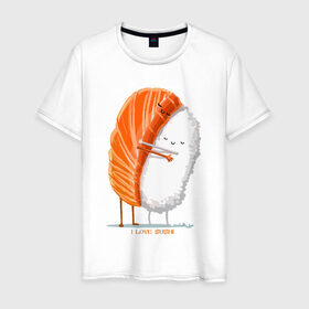 Мужская футболка хлопок с принтом Я люблю суши в Екатеринбурге, 100% хлопок | прямой крой, круглый вырез горловины, длина до линии бедер, слегка спущенное плечо. | Тематика изображения на принте: еда | рис | рыба | суши