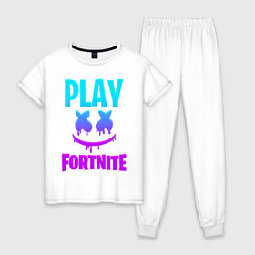 Женская пижама хлопок с принтом FORTNITE x MARSHMELLO в Екатеринбурге, 100% хлопок | брюки и футболка прямого кроя, без карманов, на брюках мягкая резинка на поясе и по низу штанин | fortnite | fortnite x | marshmello | маршмелло | фортнайт