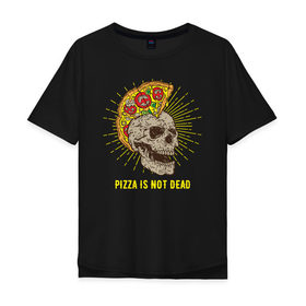Мужская футболка хлопок Oversize с принтом Пицца Череп в Екатеринбурге, 100% хлопок | свободный крой, круглый ворот, “спинка” длиннее передней части | Тематика изображения на принте: pizza | skull | ирокез | металл | надписи | надпись | пицца | рок | с пиццей | с черепом | череп | черепа