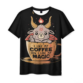 Мужская футболка 3D с принтом How I Like My Coffee в Екатеринбурге, 100% полиэфир | прямой крой, круглый вырез горловины, длина до линии бедер | Тематика изображения на принте: coffee | diy | espresso | how | like | lol | my | как | кофе | лол | мой | монстрик | рога | сделай сам | сказка | эспрессо
