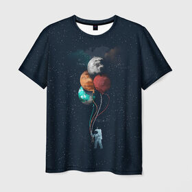 Мужская футболка 3D с принтом Космонавт с Планетами в Екатеринбурге, 100% полиэфир | прямой крой, круглый вырез горловины, длина до линии бедер | astronaut | cosmonaut | nasa | planet | stars | астронавт | в космосе | галактика | космонавт | космос | планеты | с шариками | шарики