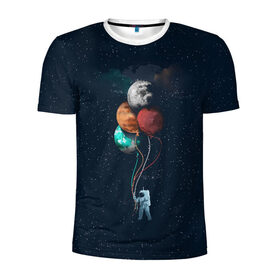 Мужская футболка 3D спортивная с принтом Космонавт с Планетами в Екатеринбурге, 100% полиэстер с улучшенными характеристиками | приталенный силуэт, круглая горловина, широкие плечи, сужается к линии бедра | astronaut | cosmonaut | nasa | planet | stars | астронавт | в космосе | галактика | космонавт | космос | планеты | с шариками | шарики