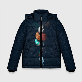 Зимняя куртка для мальчиков 3D с принтом Космонавт с Планетами в Екатеринбурге, ткань верха — 100% полиэстер; подклад — 100% полиэстер, утеплитель — 100% полиэстер | длина ниже бедра, удлиненная спинка, воротник стойка и отстегивающийся капюшон. Есть боковые карманы с листочкой на кнопках, утяжки по низу изделия и внутренний карман на молнии. 

Предусмотрены светоотражающий принт на спинке, радужный светоотражающий элемент на пуллере молнии и на резинке для утяжки | Тематика изображения на принте: astronaut | cosmonaut | nasa | planet | stars | астронавт | в космосе | галактика | космонавт | космос | планеты | с шариками | шарики
