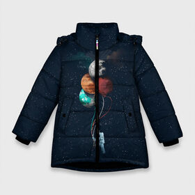 Зимняя куртка для девочек 3D с принтом Космонавт с Планетами в Екатеринбурге, ткань верха — 100% полиэстер; подклад — 100% полиэстер, утеплитель — 100% полиэстер. | длина ниже бедра, удлиненная спинка, воротник стойка и отстегивающийся капюшон. Есть боковые карманы с листочкой на кнопках, утяжки по низу изделия и внутренний карман на молнии. 

Предусмотрены светоотражающий принт на спинке, радужный светоотражающий элемент на пуллере молнии и на резинке для утяжки. | Тематика изображения на принте: astronaut | cosmonaut | nasa | planet | stars | астронавт | в космосе | галактика | космонавт | космос | планеты | с шариками | шарики