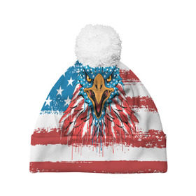 Шапка 3D c помпоном с принтом American Eagle в Екатеринбурге, 100% полиэстер | универсальный размер, печать по всей поверхности изделия | america | amerika | bird | eagle | flag | usa | америка | американский | орел | птица | соединенные | сша | флаг | штаты