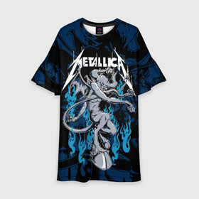 Детское платье 3D с принтом Metallica в Екатеринбурге, 100% полиэстер | прямой силуэт, чуть расширенный к низу. Круглая горловина, на рукавах — воланы | Тематика изображения на принте: american | blue | demon | devil | flame | hell | metal band | metallica | music | rock | американская | голубое | демон | дьявол | метал группа | металлика | музыка | пламя | рок | черт